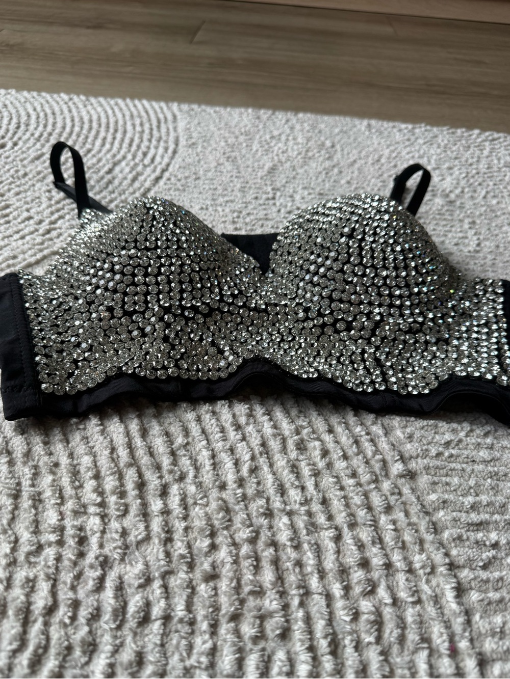 Embellished Black Diamond Rhinestone Bustier Crop Top Push Up Bra Size Large - Picture 2 of 16